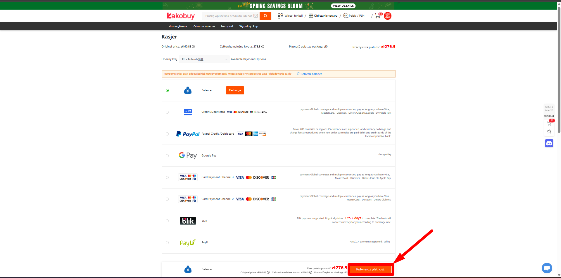 Płatność za wysyłkę Kasjer Kakobuy
